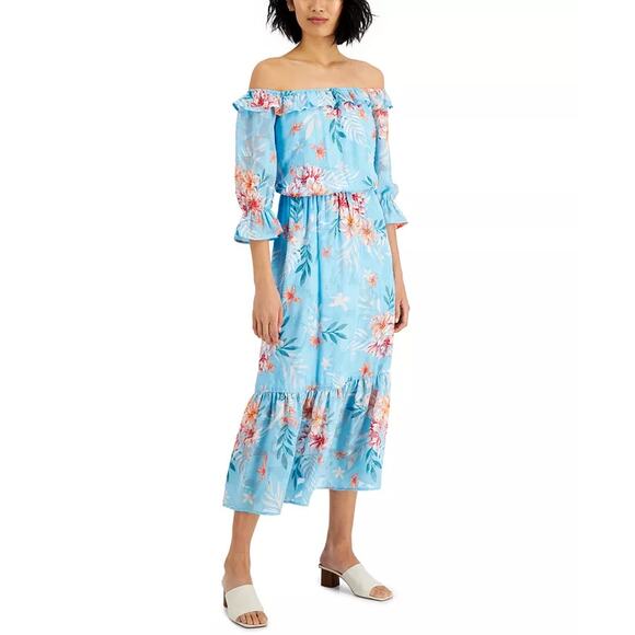 WILLOW DRIVE Women's Sky Blue Combo Off-The-Shoulder Floral-Print Maxi Dress - Picture 13 of 13